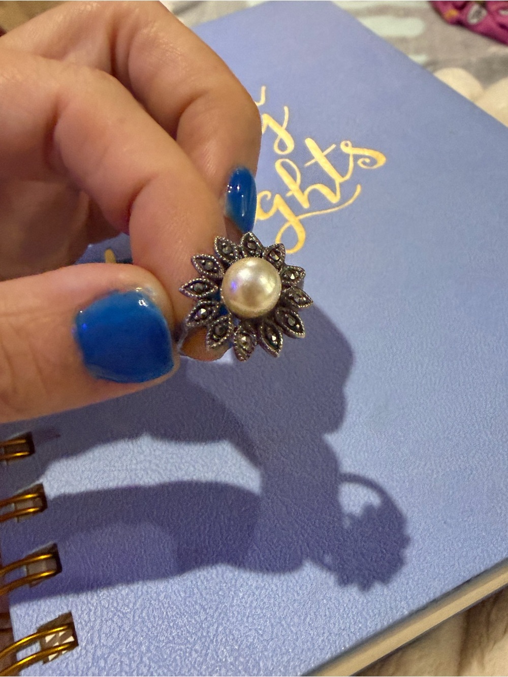 Vintage 925 Sterling Silver Marcasite Pearl Flower Ring Size 6